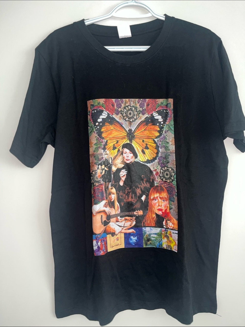NWOT Joni Mitchell FAN Tribute , Black Graphic Butterfly Collage Tee